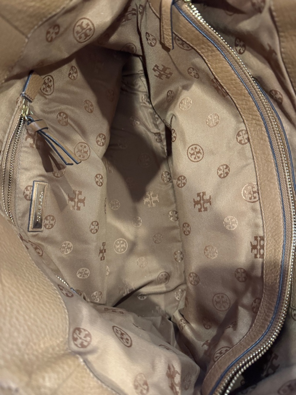 Tory Burch Cognac Leather Shoulder Tote with Embossed Logo - Picture 7 of 9